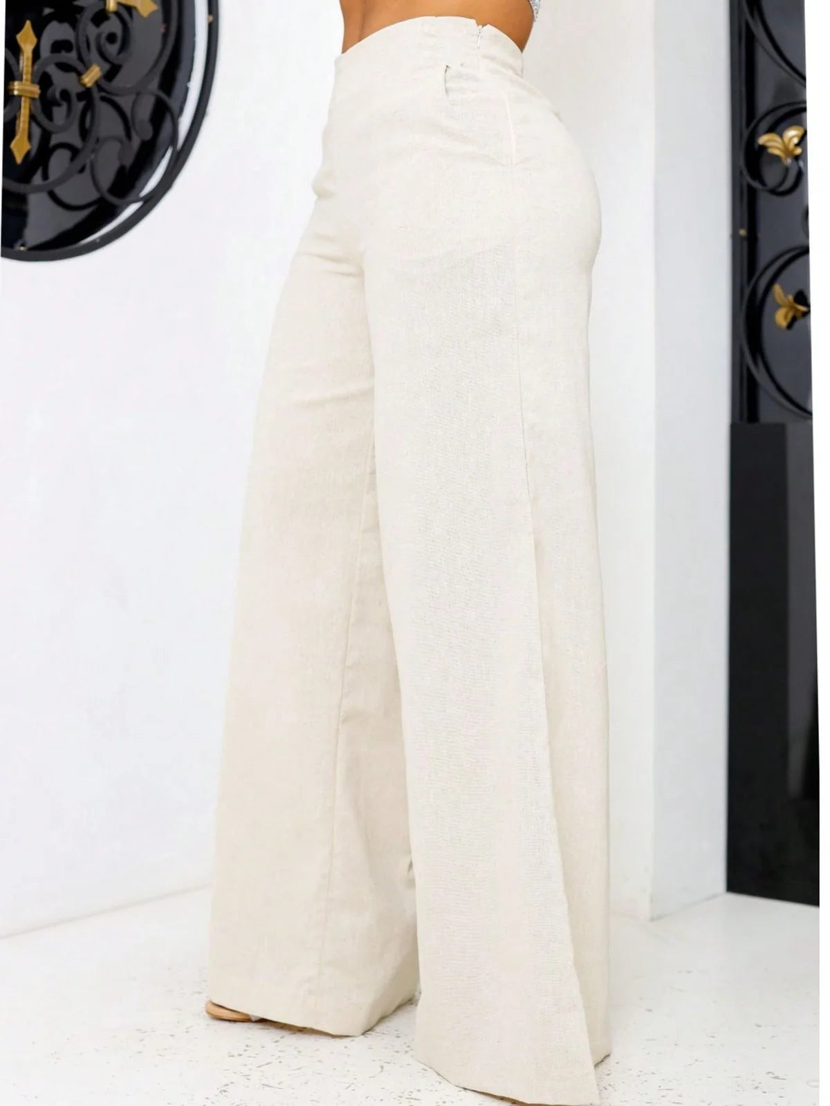 Calça Pantalona Feminino Linho Bolso Zíper Simples Noite Diário