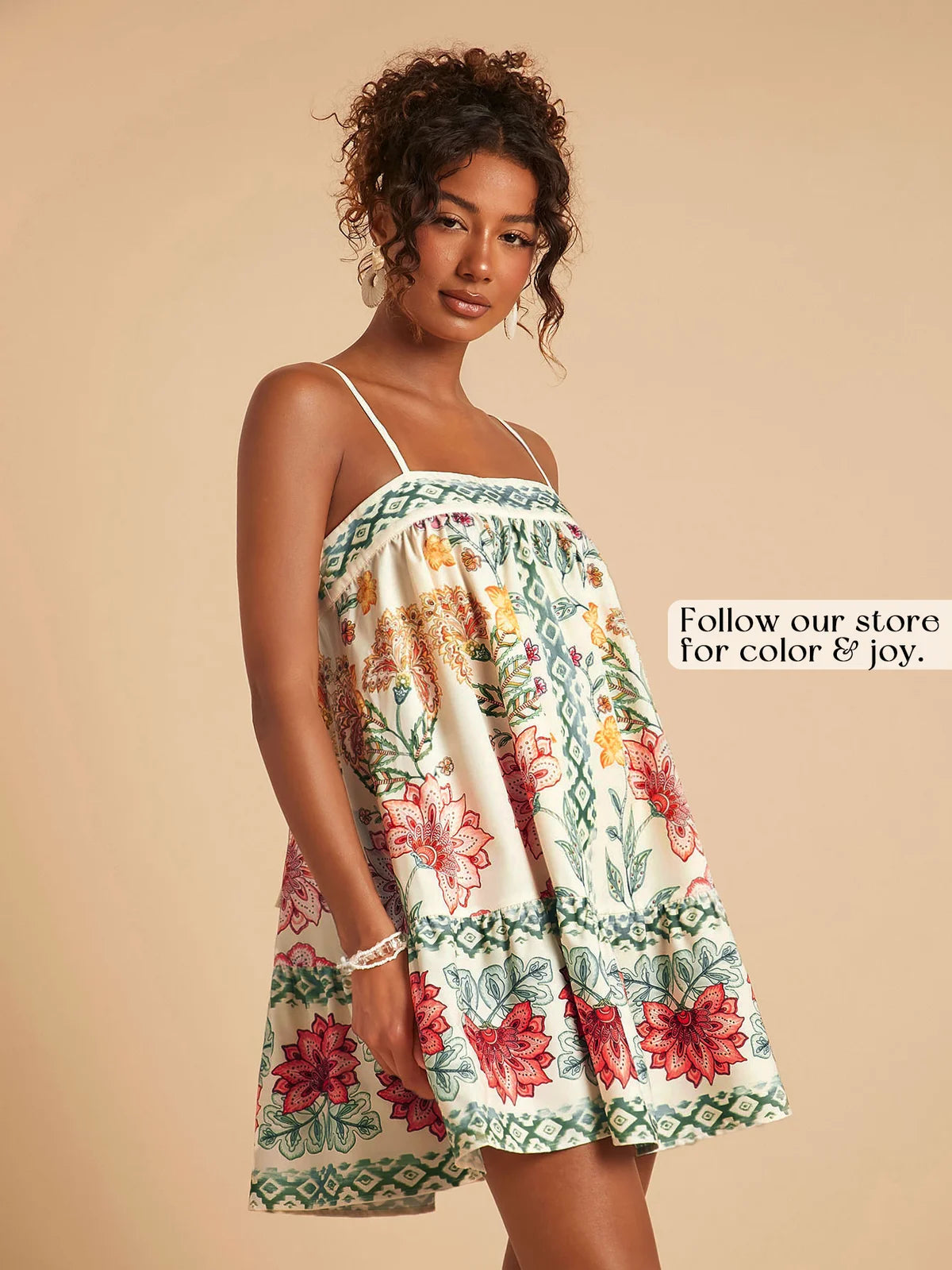 Vestido de alça fina para e férias, estampa floral, de férias