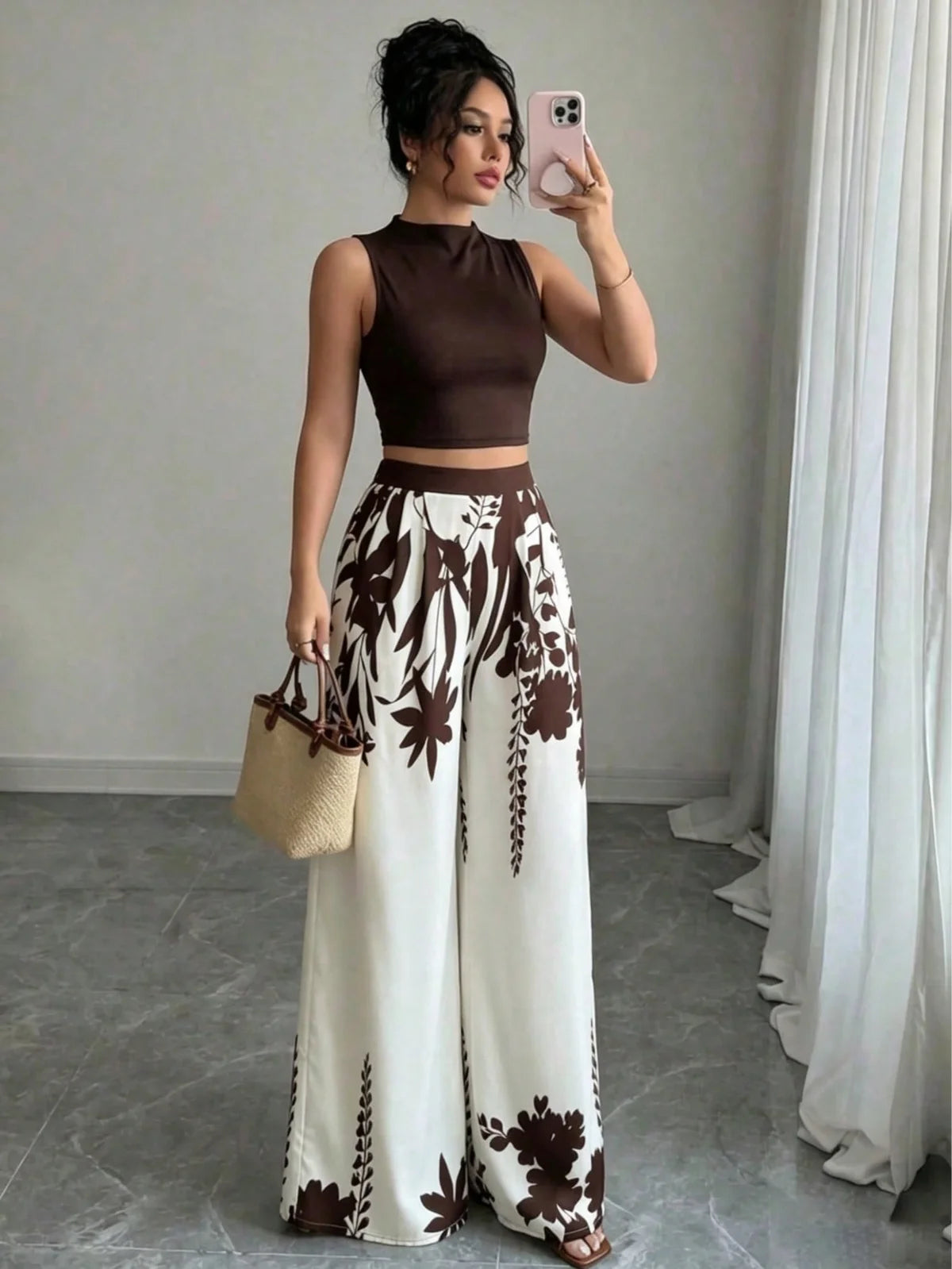Conjunto de Top e Calça Colorblock Feminino, Calça Perna Larga