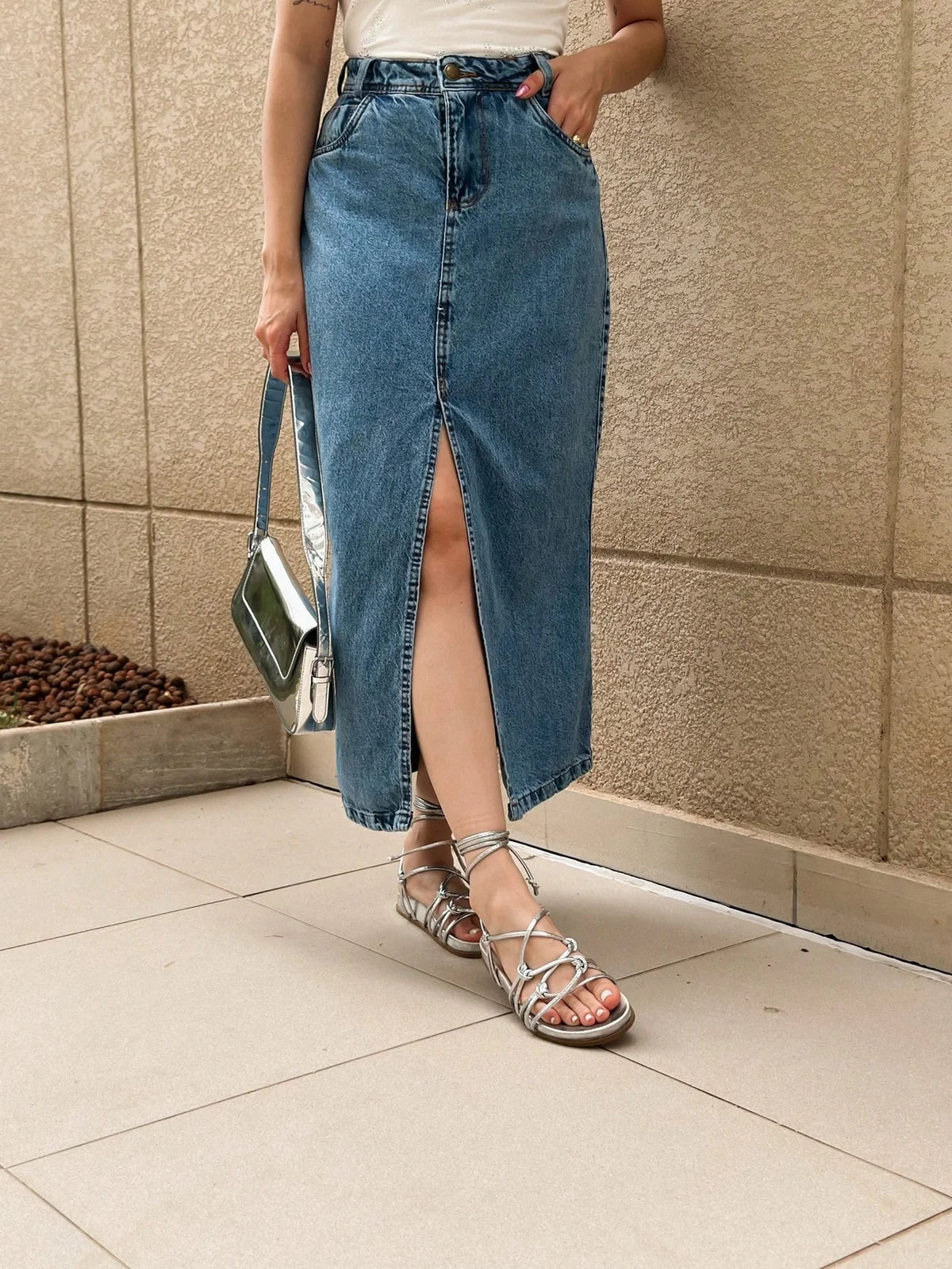 Saia jeans cintura alta Fenda no meio, , simples e