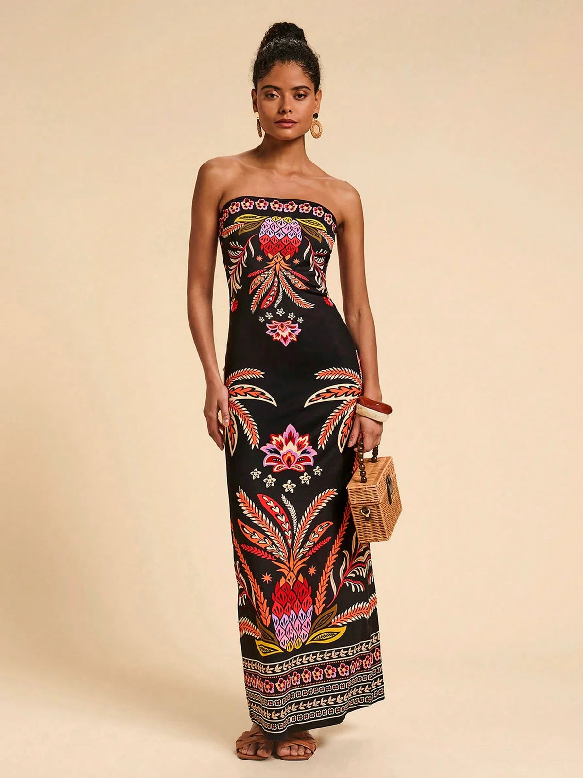 Vestido Bandeau Multicolorido Impresso para Mulheres, Férias