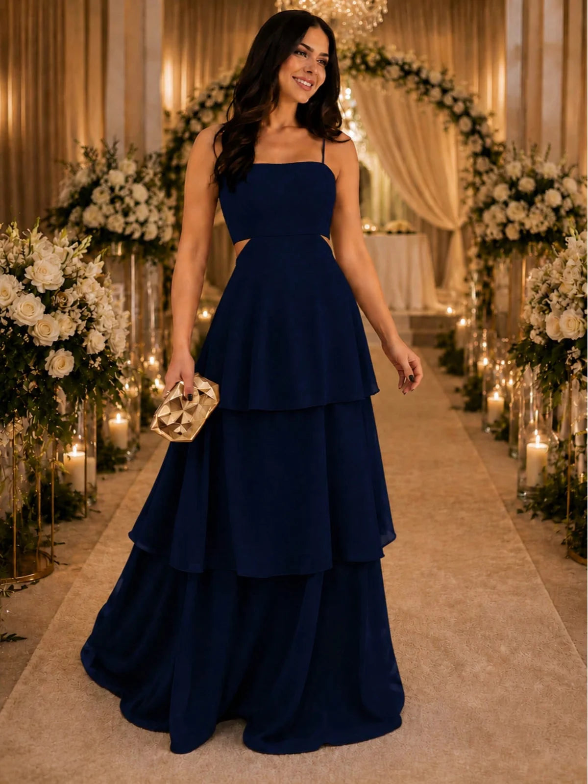 Vestido Longo Feminino, Azul Marinho com Babado, Costas Nua