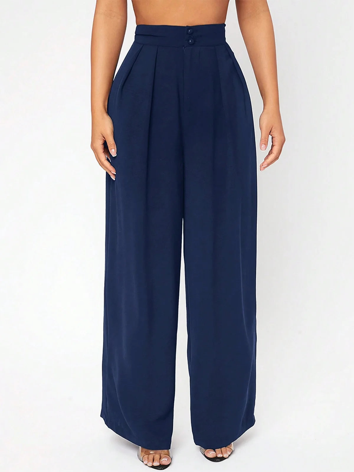 PETITE Calça Longa Feminina de Cor Sólida com Design de Botões