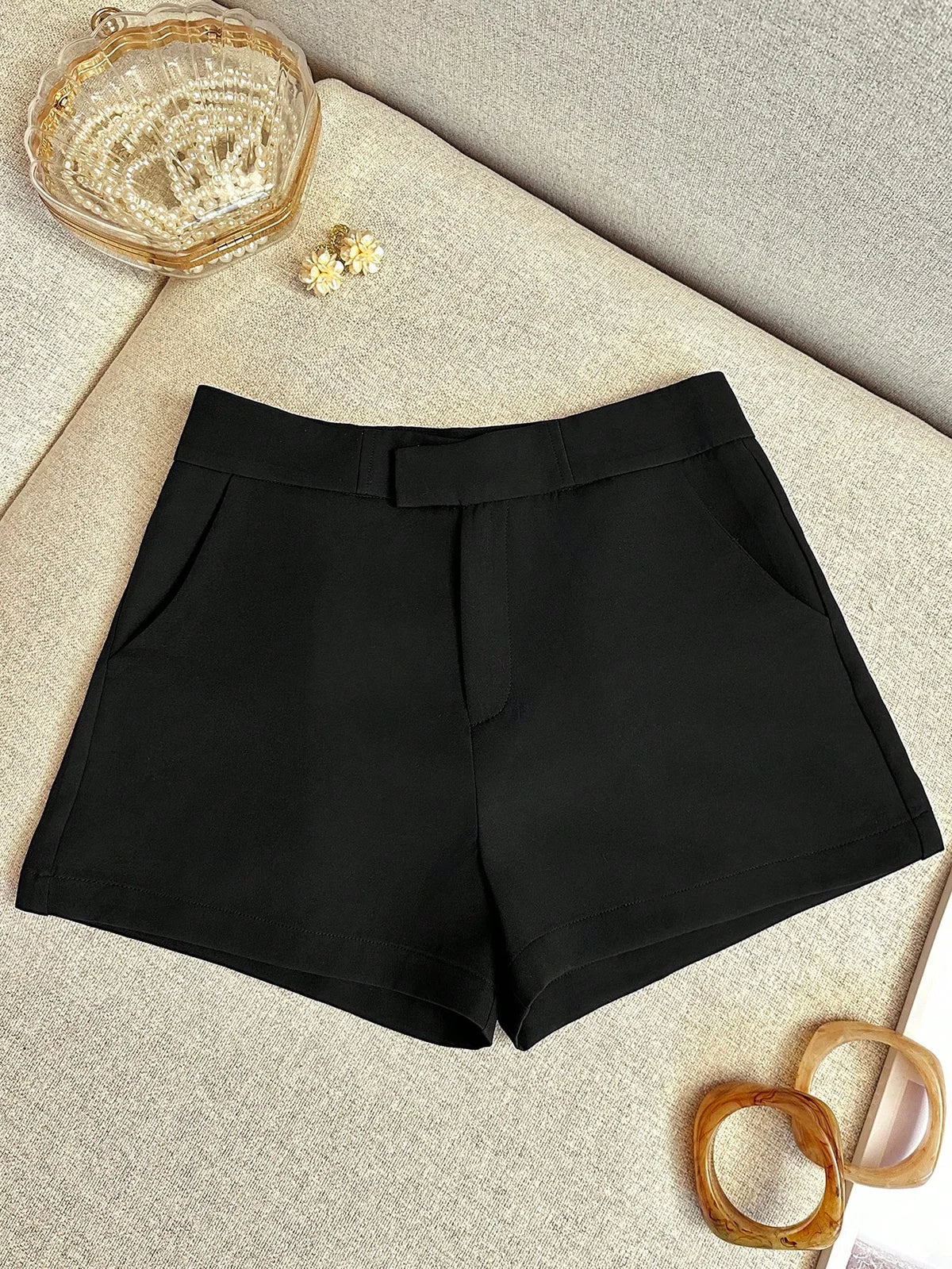 Shorts Casuais Femininos Simples de Cor Sólida com Bolso