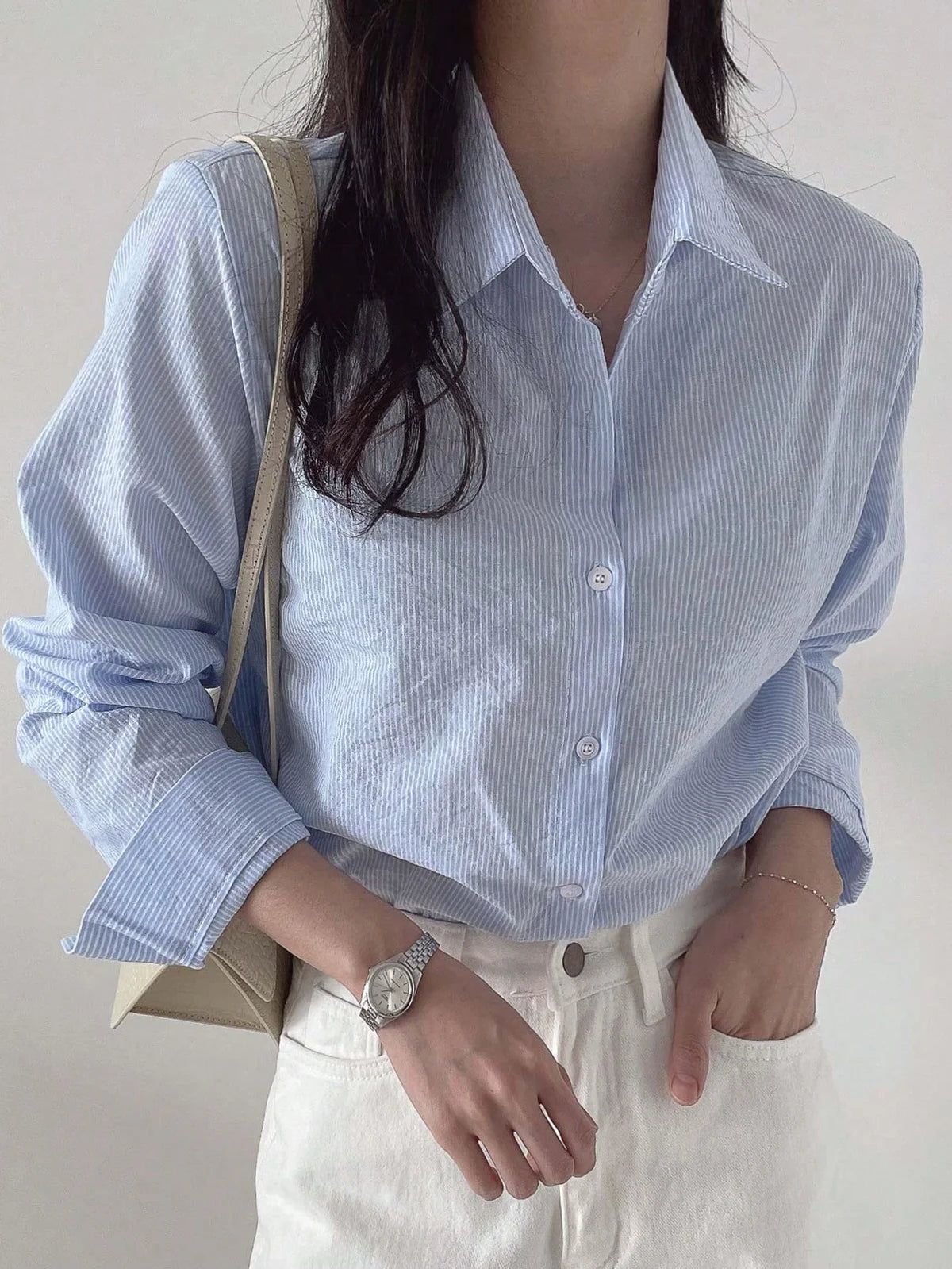 Camisa de Manga Longa Solta e Listrada para Mulheres, de