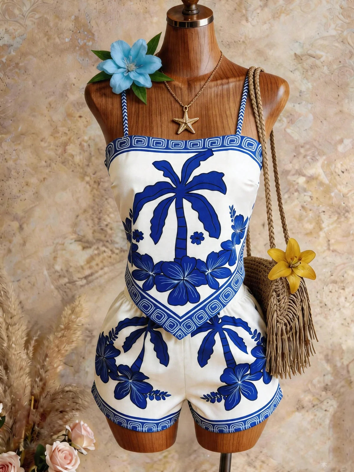 Conjunto de 2 peças com Camiseta Regata Floral Miúda Cáqui e