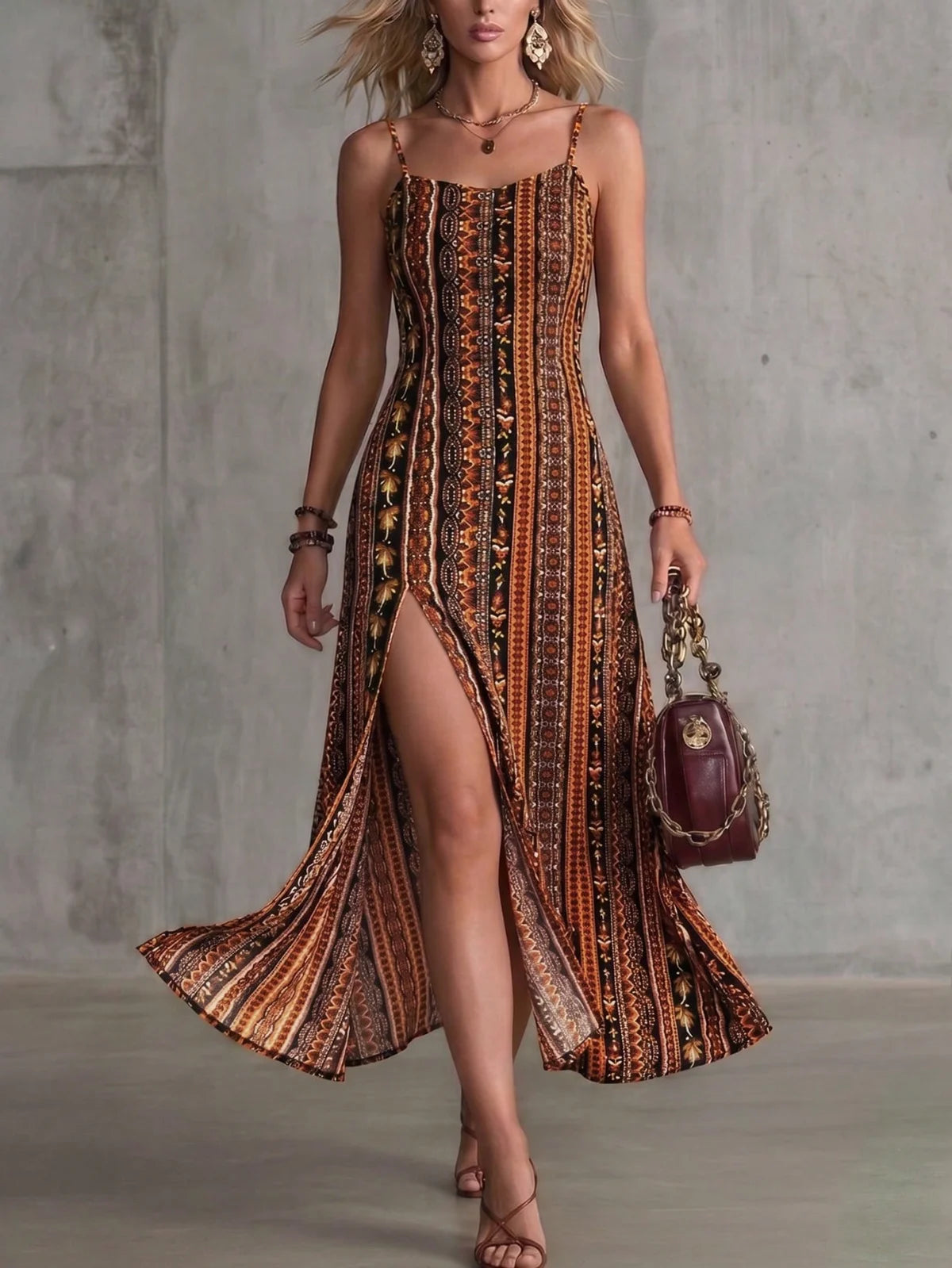 Vestido Vintage com Alça Fina Estampado, Design de Fenda Alta