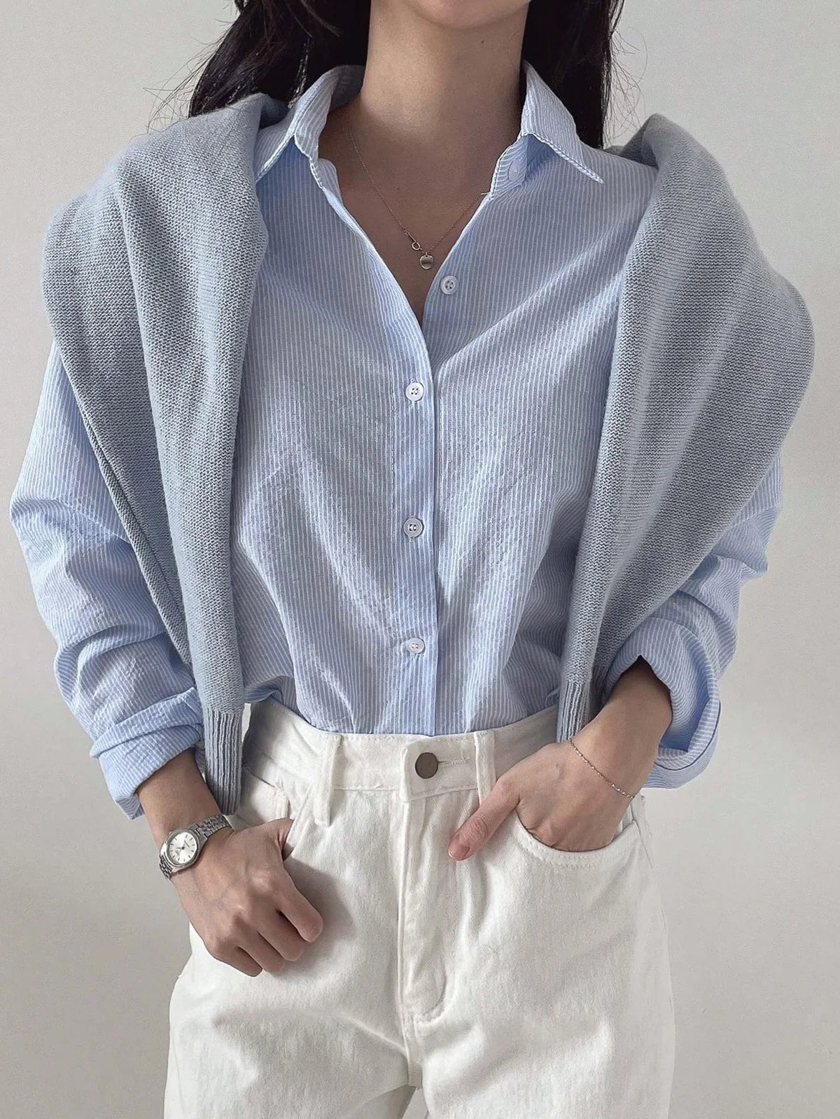 Camisa de Manga Longa Solta e Listrada para Mulheres, de