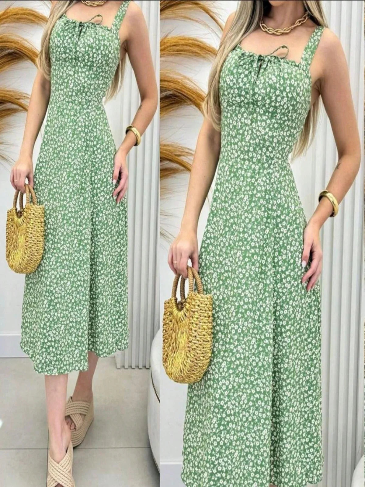 Vestido Feminino Floral Midi com Laço Frontal Leve