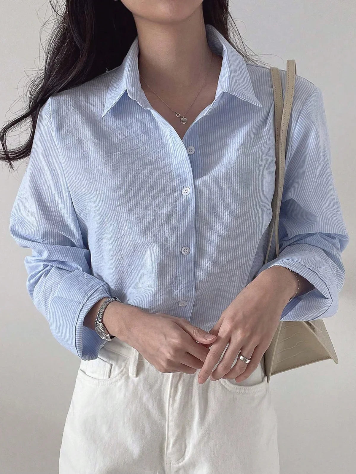Camisa de Manga Longa Solta e Listrada para Mulheres, de