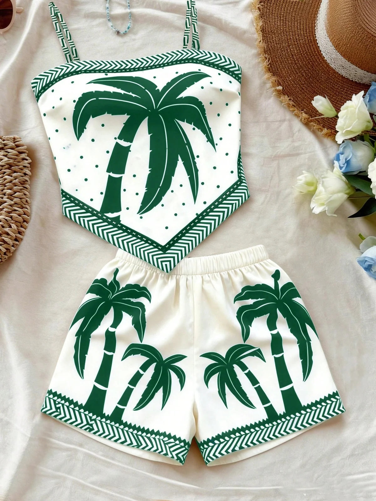 Conjunto de 2 peças com Regata Floral Miúda Cáqui e Preta e