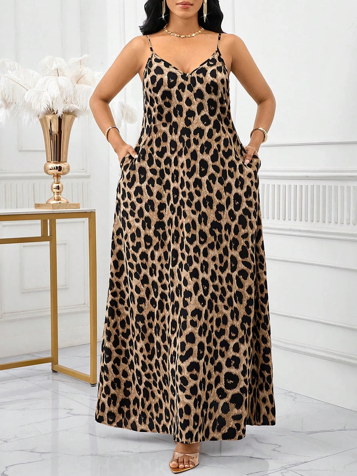 Lady Vestido Longo Feminino Estampa Leopardo Arco-Íris Férias