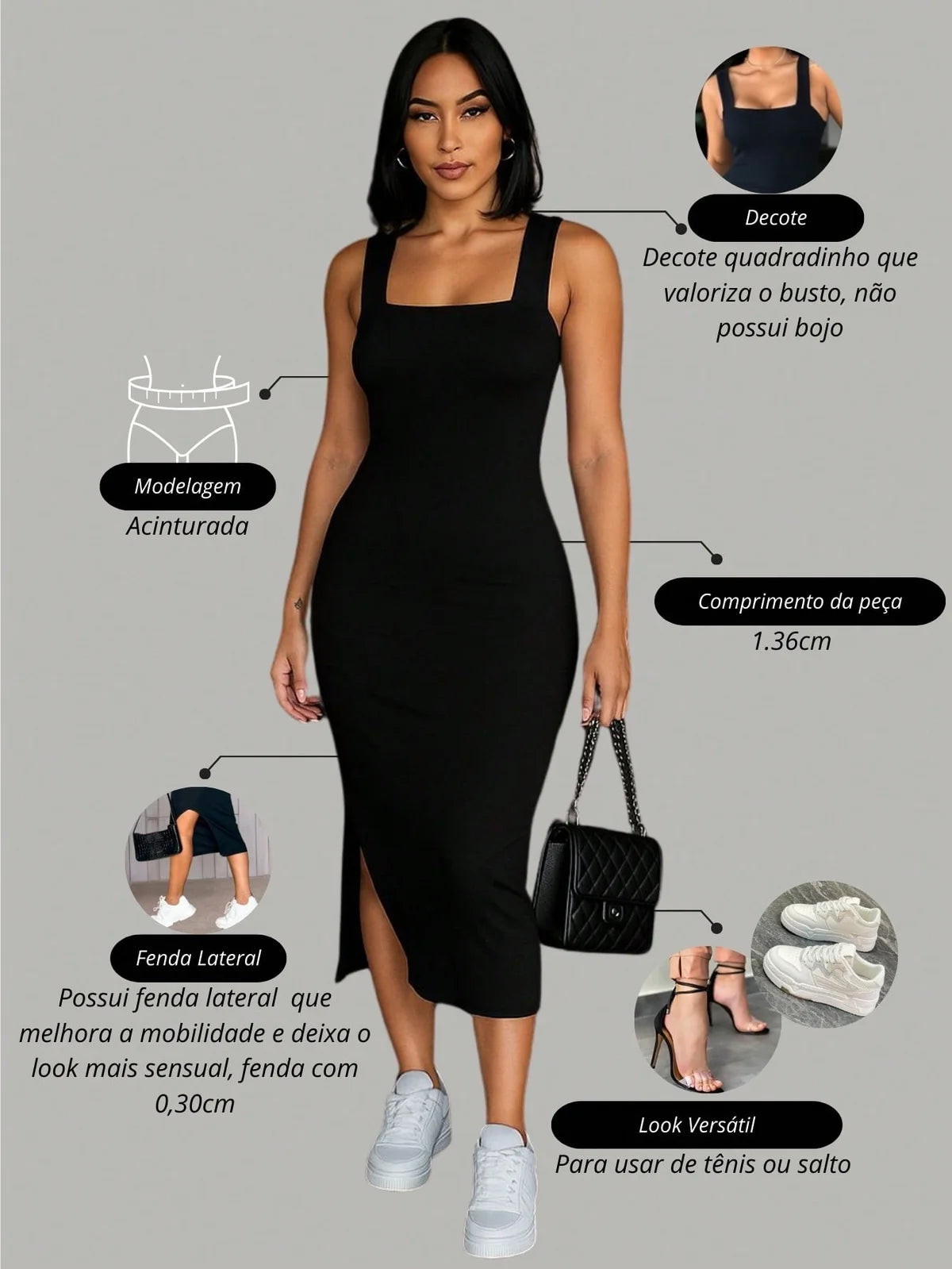 Vestido Longo feminino com fenda lateral de festa canelado