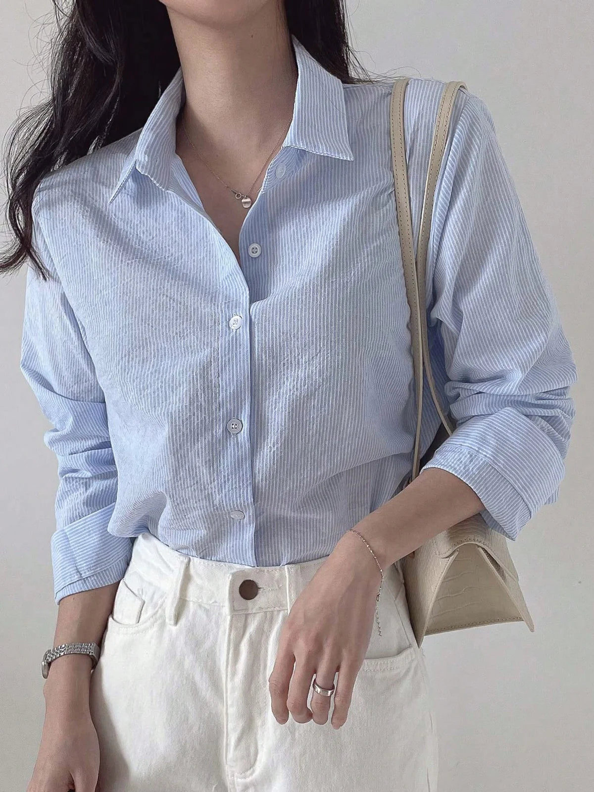 Camisa de Manga Longa Solta e Listrada para Mulheres, de