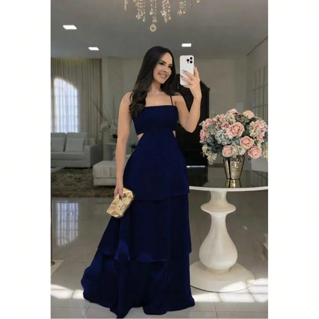 Vestido Longo Feminino, Azul Marinho com Babado, Costas Nua