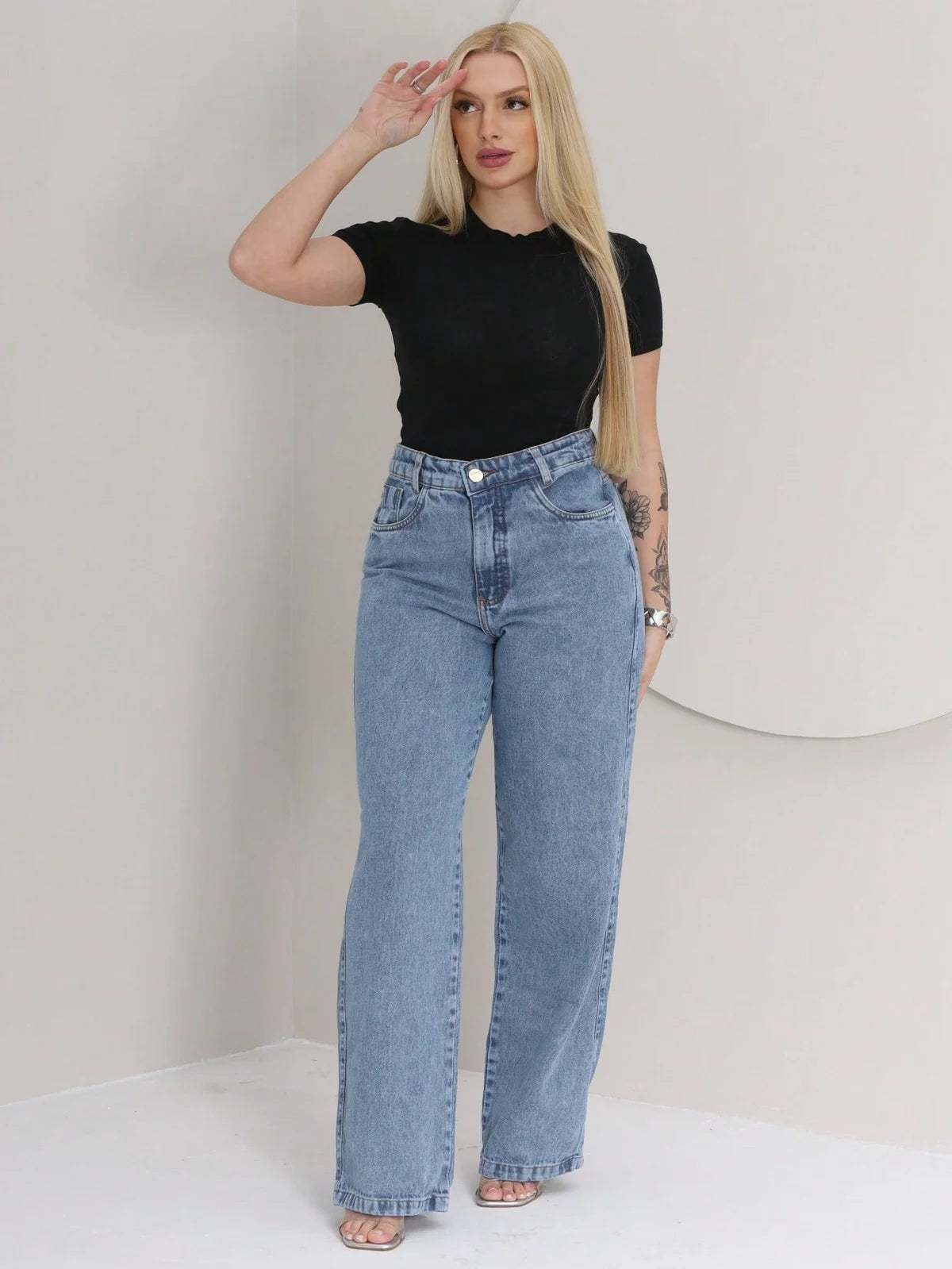Calça Jeans Wide Leg Feminina Cintura Alta 100% Jeans Pantalona