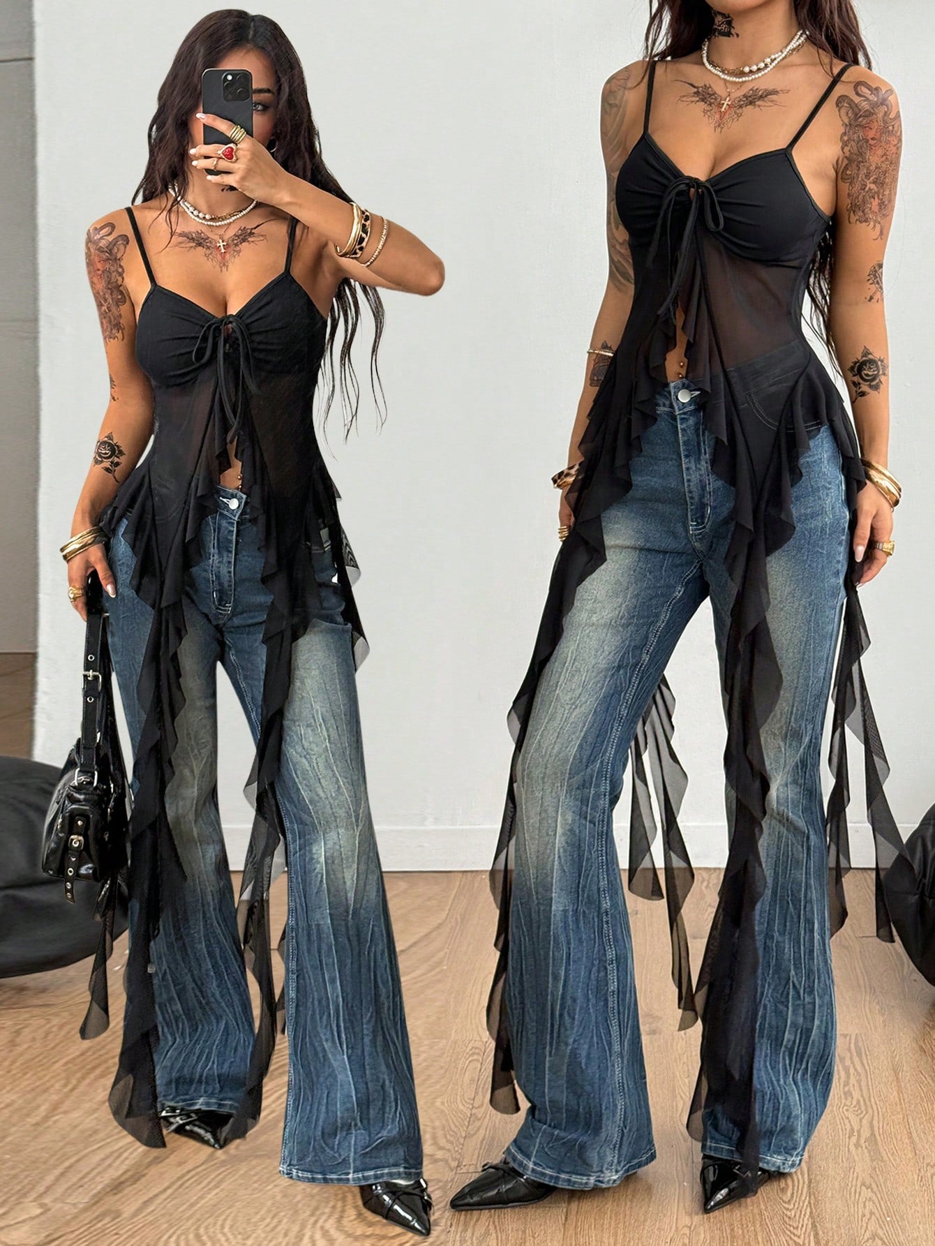 Blusa Cropped Frente Única Assimétrica em Camadas Boho Chic