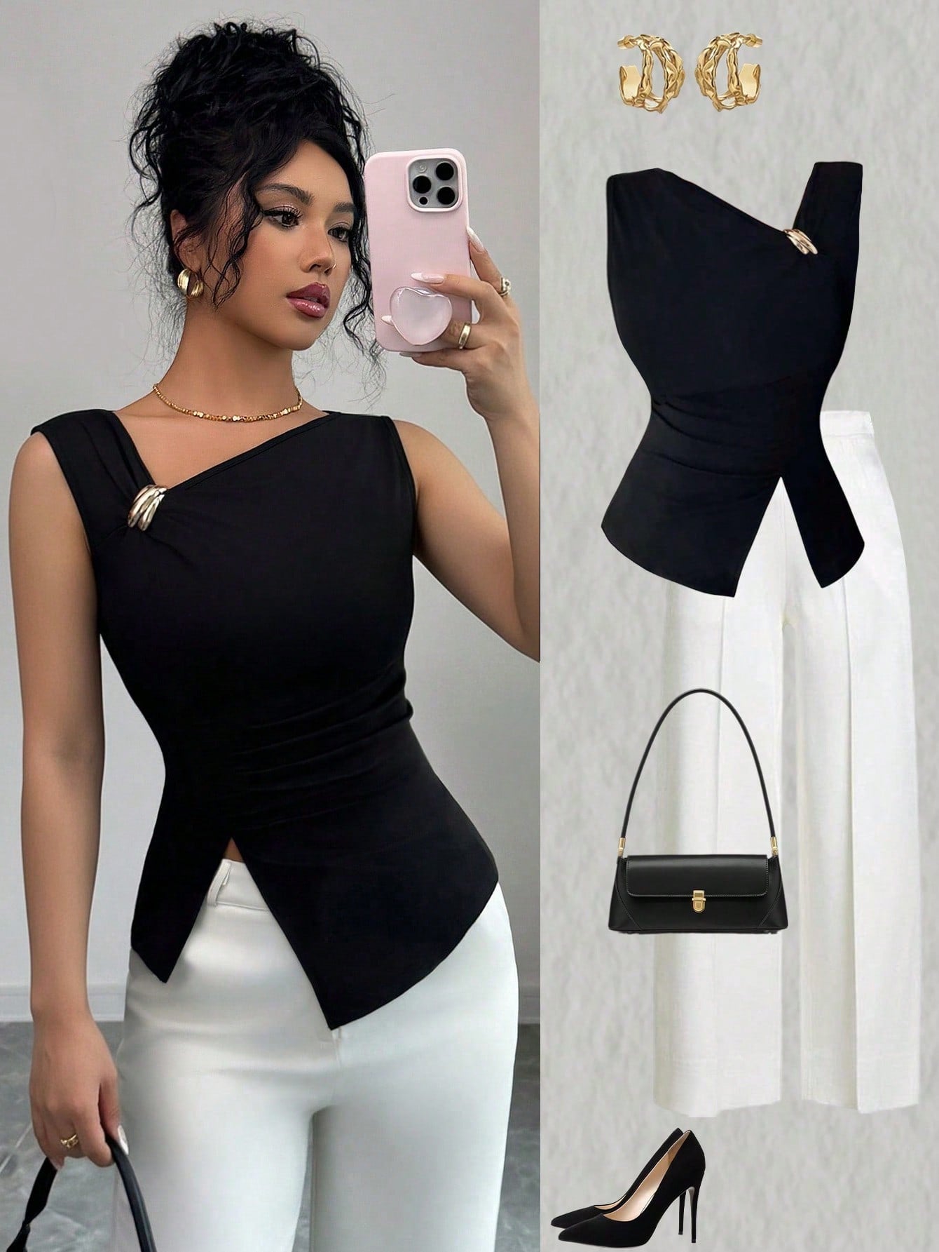 Camiseta Minimalista Gola Alta Plissada com Barra Assimétrica