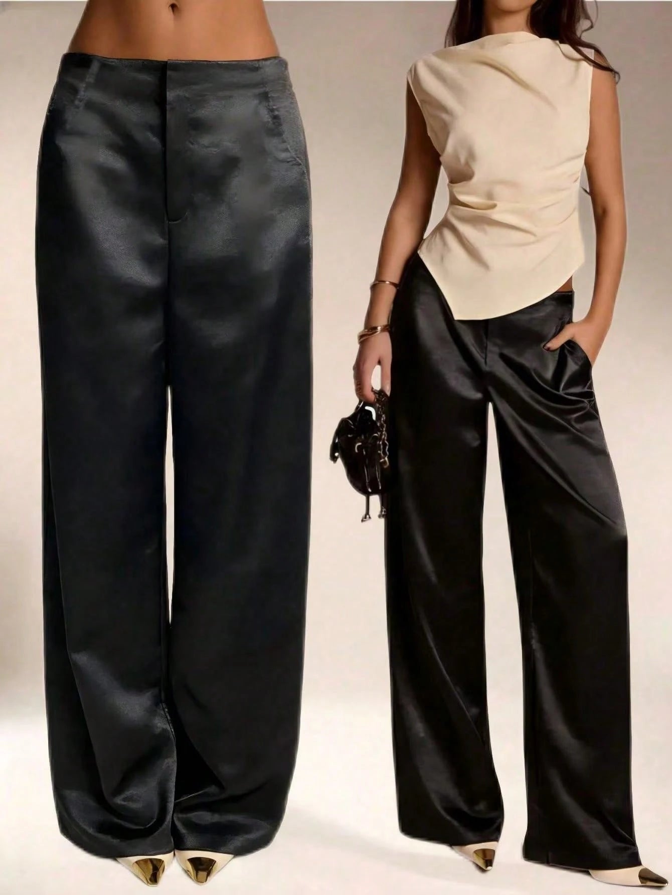 Calça Cetim Pantalona com Cintura Alta e Bolsos