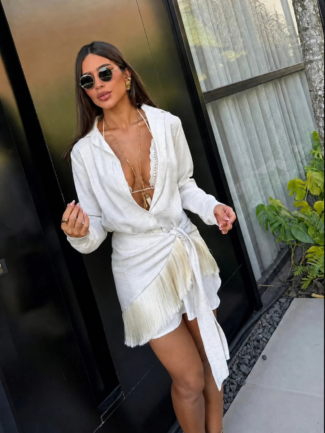 Conjunto Camisa Manga Longa e Saia Curta com Franjas Boho