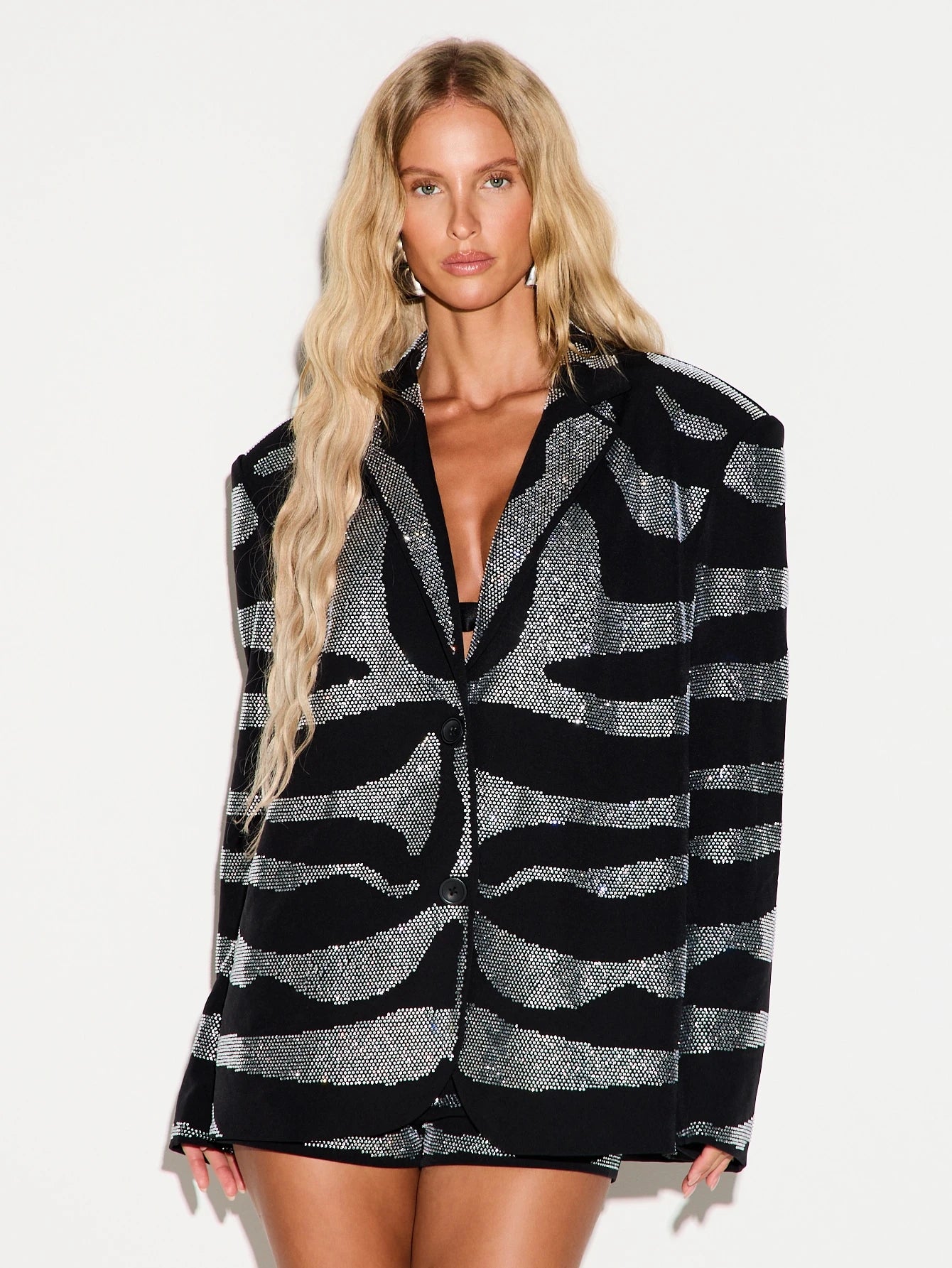 Blazer Oversized Animal Print Zebra com Cristais Strass