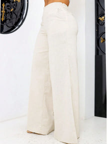 Calça Pantalona Feminino Linho Bolso Zíper Simples Noite Diário