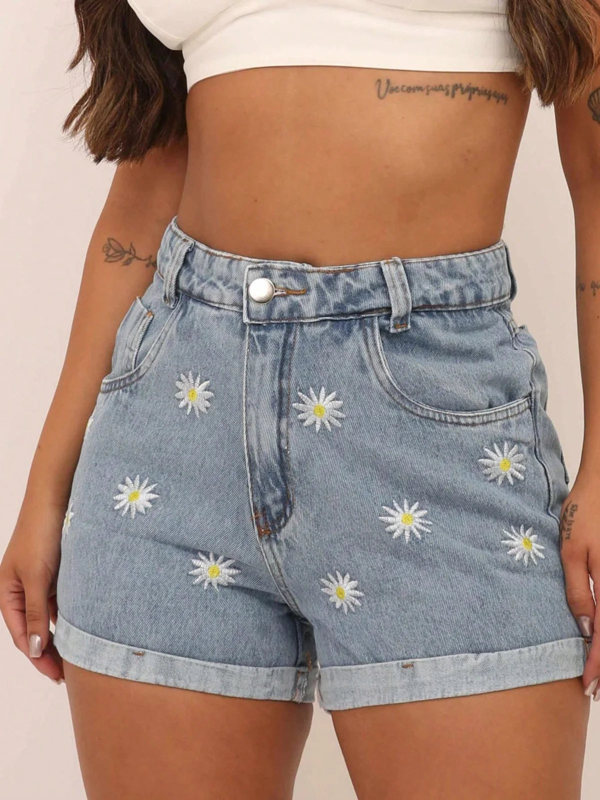 Shorts jeans bordado floco de neve feminino 3009 pengmoda