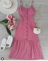 Vestido Midi Poá Festa com Decote Estruturado e Botões