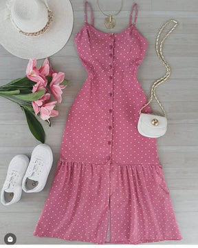 Vestido Midi Poá Festa com Decote Estruturado e Botões