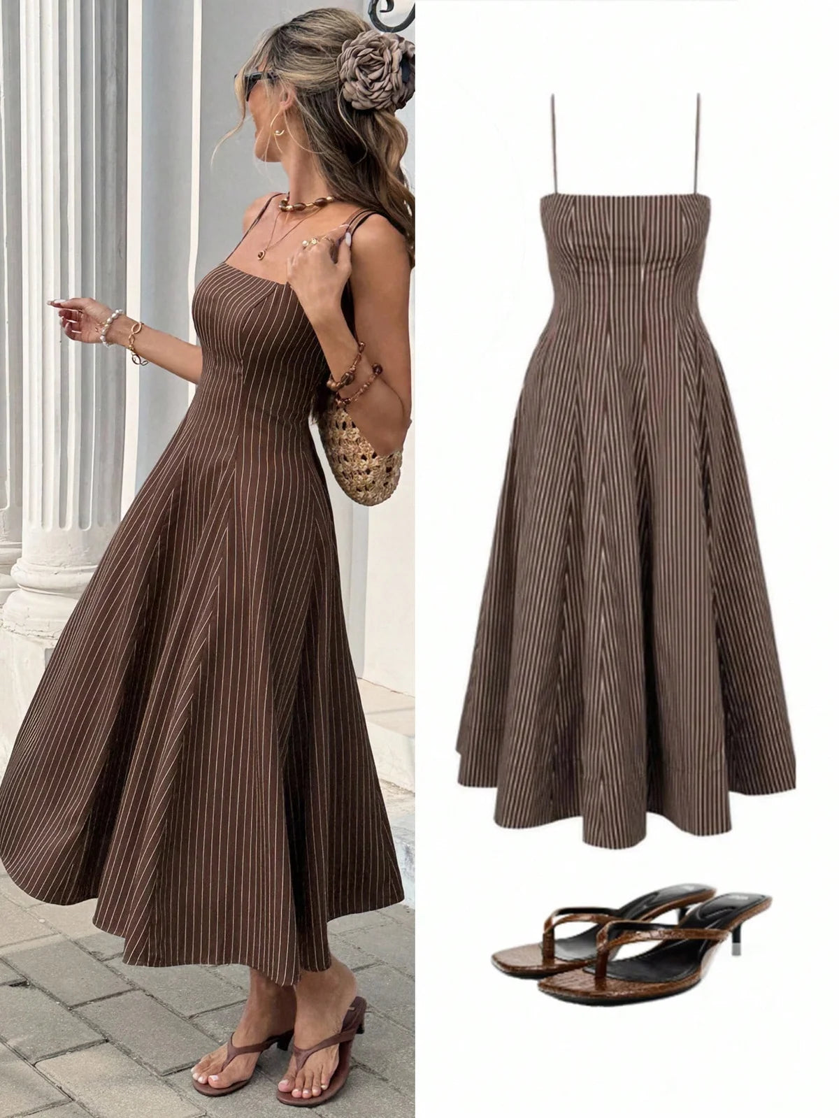 Vestido Feminino de Alça Fina e Listrado de Comprimento Médio