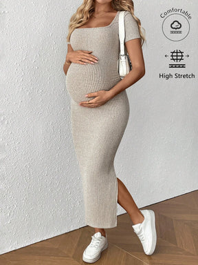 Vestido Materno de Manga Curta com Gola Quadrada, Decote