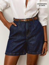 Daynim Bermuda Jeans Feminina Alfaiatada com Cinto Azul Escuro