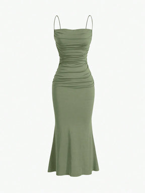 Vestido Feminino de Alça com Babado Pregueado na Bainha, Cor