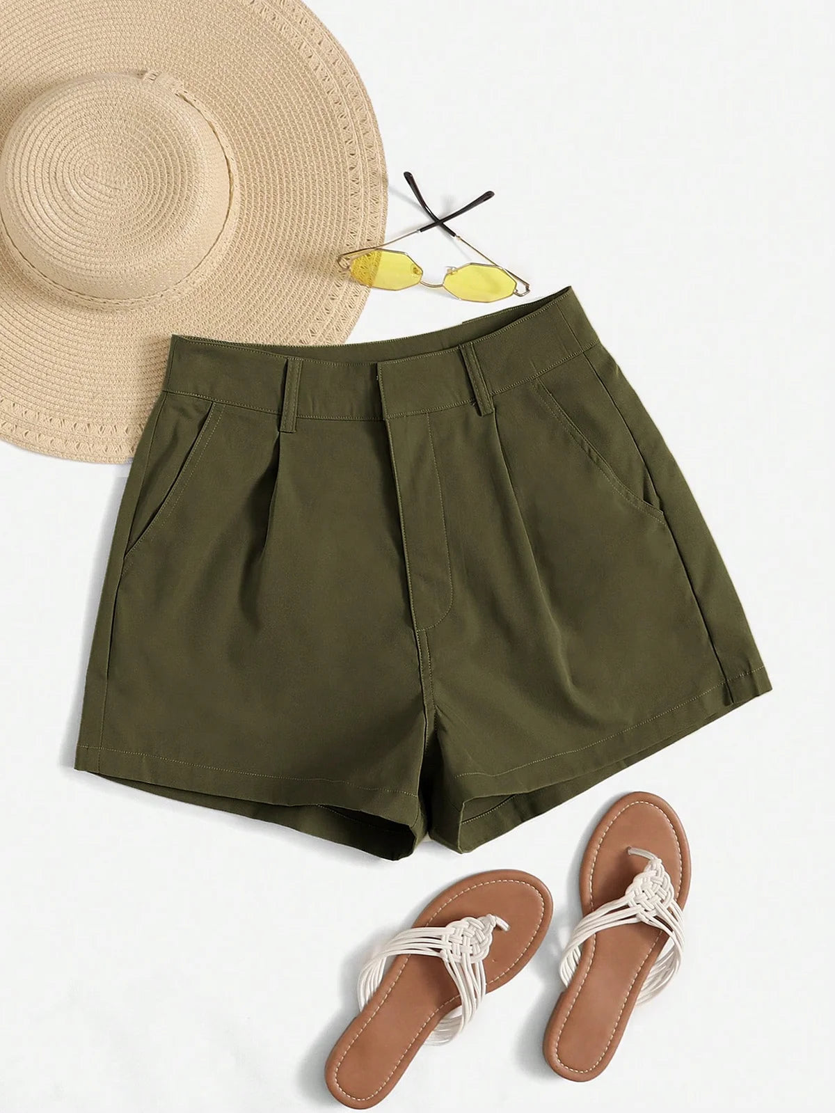 Essnce Shorts Casuais Plissados com Bolso em Cor Sólida para