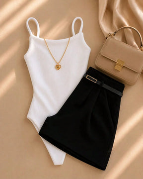 Conjunto Short Alfaiataria Com Cinto + Body Decote Reto Anarruga