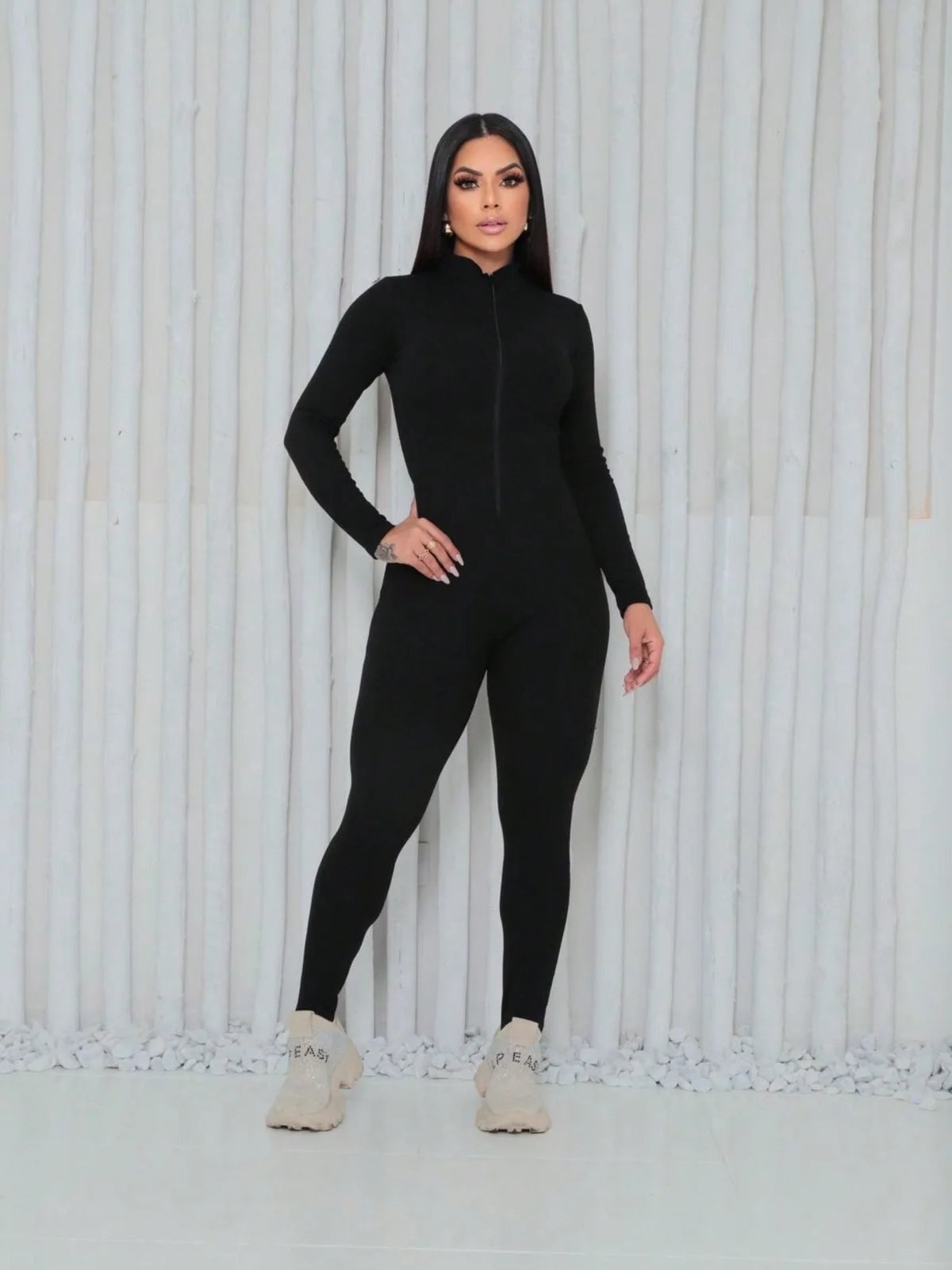 Macacão Longo com Zíper Manga Longa Anarruga Modelador Virginia
