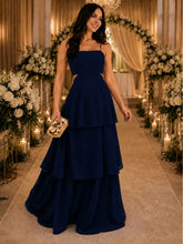 Vestido Longo Feminino, Azul Marinho com Babado, Costas Nua