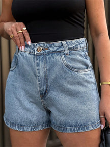 Short Jeans Feminino Cintura Alta com Bolsos Laterais