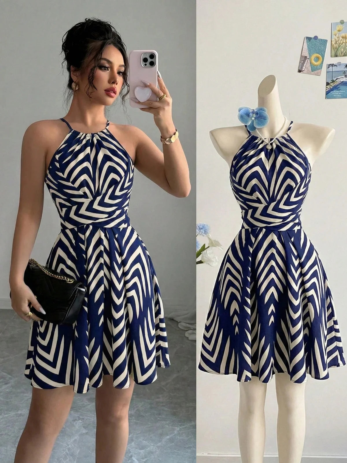 Vestido Curto Evasê com Estampa de Seta Azul e Branca, Design