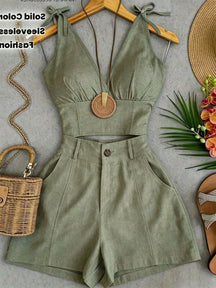Conjunto de Top com Amarração no Ombro e Shorts em Cor Sólida de