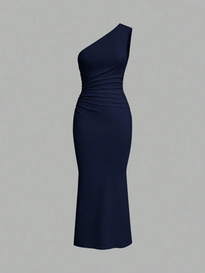 Vestido Sereia Assimétrico com Ombro Franzido e Comprimento