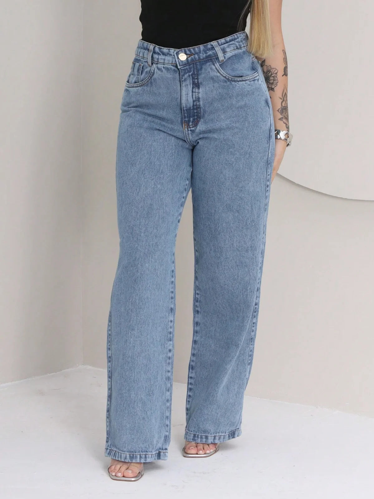 Calça Jeans Wide Leg Feminina Cintura Alta 100% Jeans Pantalona