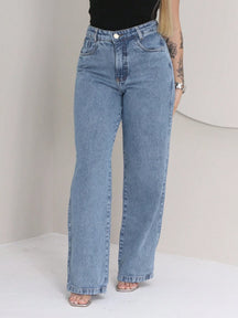 Calça Jeans Wide Leg Feminina Cintura Alta 100% Jeans Pantalona