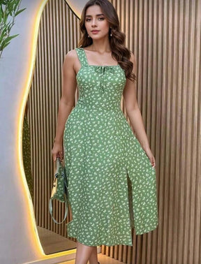 Vestido Feminino Floral Midi com Laço Frontal Leve