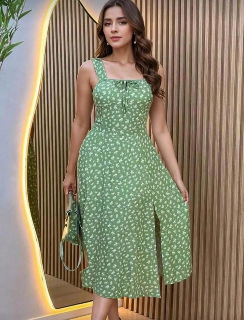 Vestido Feminino Floral Midi com Laço Frontal Leve
