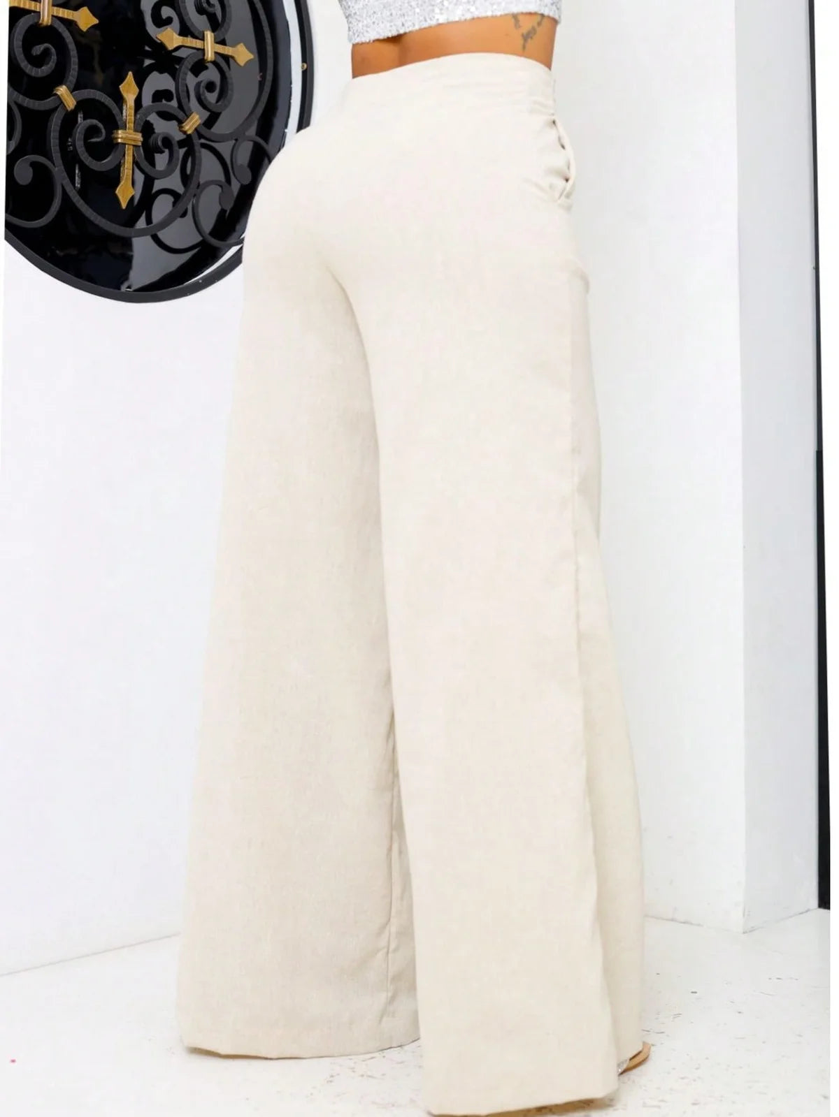 Calça Pantalona Feminino Linho Bolso Zíper Simples Noite Diário