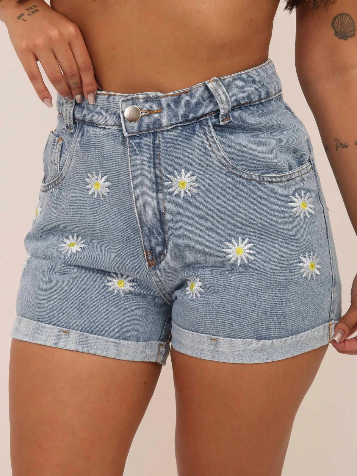 Shorts jeans bordado floco de neve feminino 3009 pengmoda