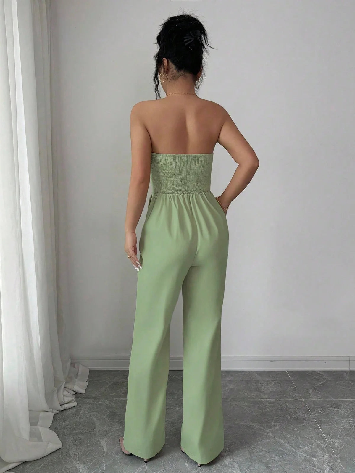 Rafferiza Macacão Bandeau Franzido de Cor Sólida