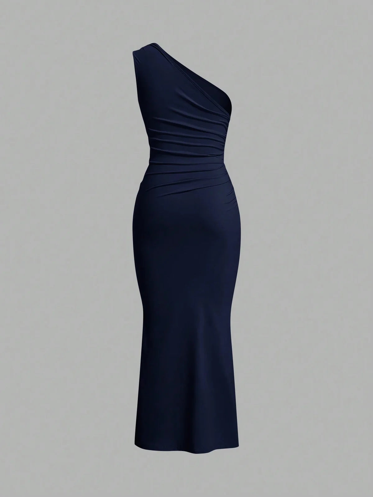 Vestido Sereia Assimétrico com Ombro Franzido e Comprimento