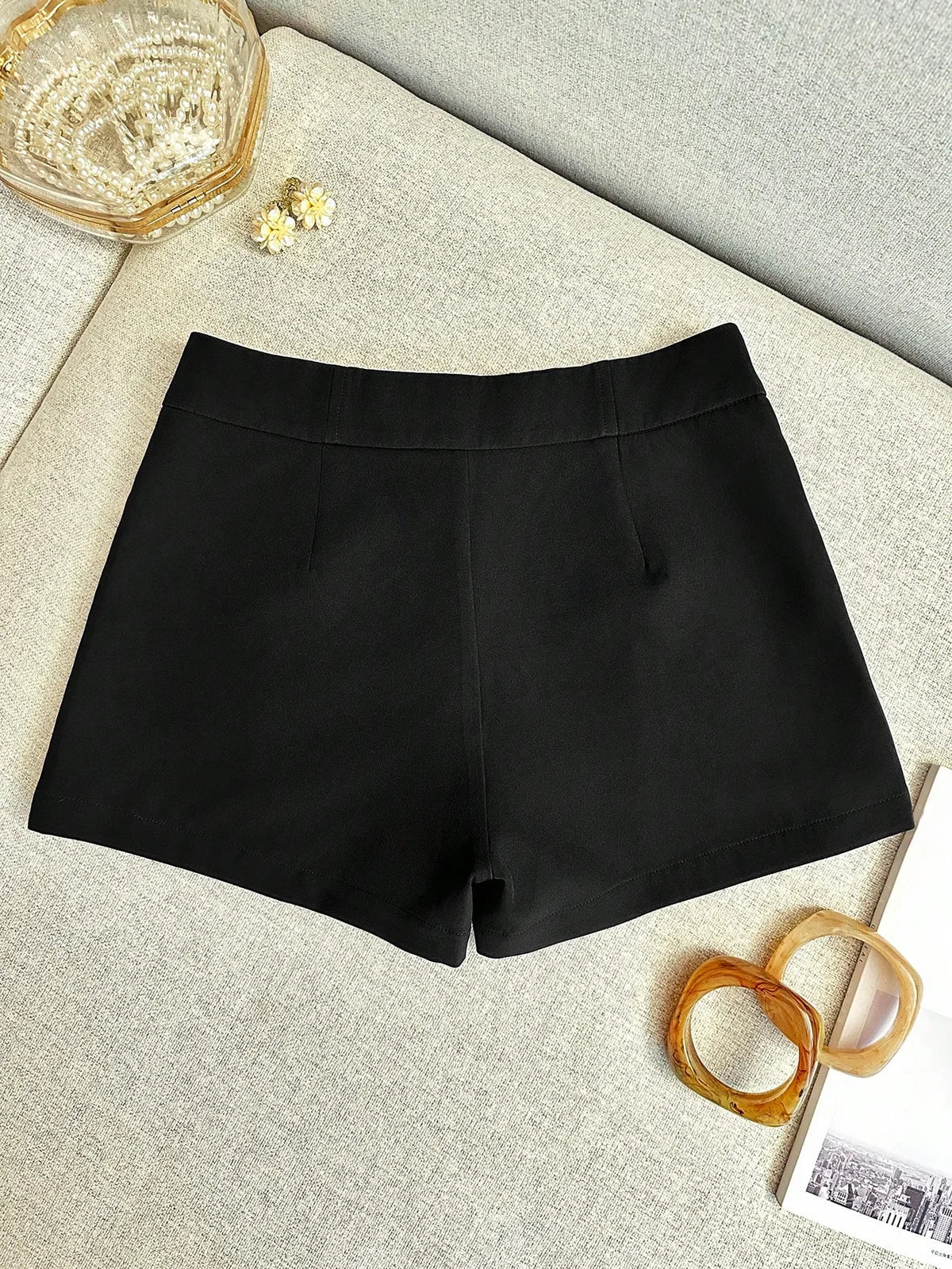 Shorts Casuais Femininos Simples de Cor Sólida com Bolso